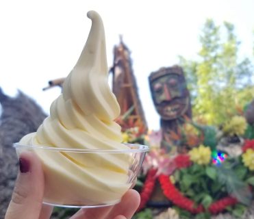 Disneyland Dole Whip in front of the Tiki Juice Bar at Disneyland in Anaheim, CA.